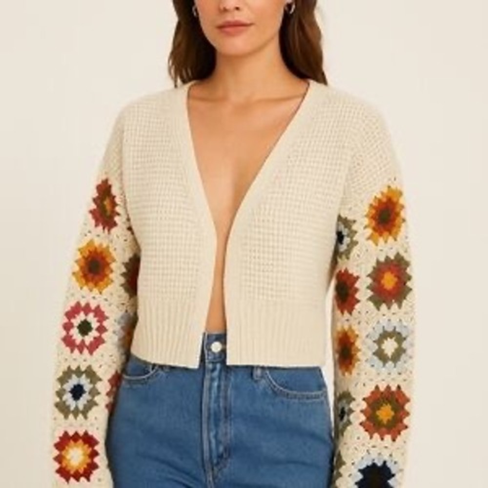 Sincerely Jules Crochet Granny Square Sleeve Cardigan Cream Waffle Knit Small